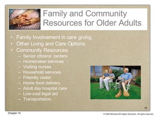 Family and Community Resources for Older Adults Family Involvement in care giving. Other Living and Care Options. Community Resources. Senior citizens’ centers Homemaker services Visiting nurses Household services Friendly visitor Home food delivery Adult day hospital care Low-cost legal aid Transportation. 