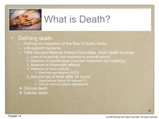 What is Death? Defining death. Defined as cessation of the flow of bodily fluids. Life-support systems. 1968 Harvard Medical School Committee, Brain death involves: Lack of receptivity and response to external stimuli. Absence of spontaneous muscular movement and breathing. Absence of observable reflexes. Absence of brain activity. Electroencephalogram (EEG). Second set of tests after 24 hours Hypothermia (Below 90 degrees F) Central nervous system depressants Clinical death Cellular death 