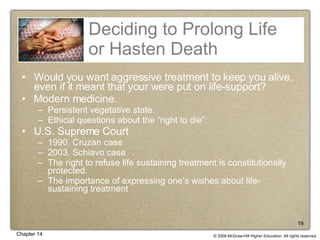 Deciding to Prolong Life or Hasten Death Would you want aggressive treatment to keep you alive, even if it meant that your were put on life-support? Modern medicine. Persistent vegetative state. Ethical questions about the “right to die”. U.S. Supreme Court  1990. Cruzan case 2003. Schiavo case The right to refuse life sustaining treatment is constitutionally protected. The importance of expressing one’s wishes about life-sustaining treatment 