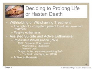 Deciding to Prolong Life or Hasten Death Withholding or Withdrawing Treatment. The right of a competent patient to refuse unwanted treatment. Passive euthanasia. Assisted Suicide and Active Euthanasia. Physician-assisted suicide (PAS). 1997. Supreme Court cases Washington v. Glucksberg Vacco v. Quill Oregon is the only state permitting PAS The Death with Dignity Act (1994) Active euthanasia. 
