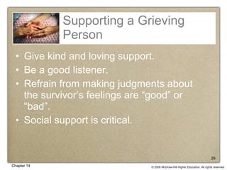Supporting a Grieving Person Give kind and loving support. Be a good listener. Refrain from making judgments about the survivor’s feelings are “good” or “bad”. Social support is critical. 