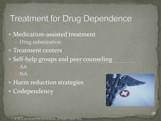  Medication-assisted treatment
   Drug substitution
 Treatment centers
 Self-help groups and peer counseling
    AA
    NA
 Harm reduction strategies
 Codependency



                                                       29
  © 2012 McGraw-Hill Companies. All Rights Reserved.
 