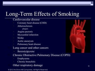Long-Term Effects of Smoking
     Cardiovascular disease
           Coronary heart disease (CHD)
           Atherosclerosis
                 plaques
           Angina pectoris
           Myocardial infarction
           Stroke
           Aortic aneurysm
           Pulmonary heart disease
     Lung cancer and other cancers
           Benzo(a)pyrene
     Chronic Obstructive Pulmonary Disease (COPD)
           Emphysema
           Chronic bronchitis
     Other respiratory damage                       18

© 2012 McGraw-Hill Companies. All Rights Reserved.
 