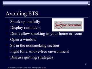 Avoiding ETS
   Speak up tactfully
   Display reminders
   Don’t allow smoking in your home or room
   Open a window
   Sit in the nonsmoking section
   Fight for a smoke-free environment
   Discuss quitting strategies
                                                     27

© 2012 McGraw-Hill Companies. All Rights Reserved.
 
