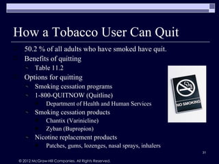 How a Tobacco User Can Quit
      50.2 % of all adults who have smoked have quit.
      Benefits of quitting
            Table 11.2
      Options for quitting
            Smoking cessation programs
            1-800-QUITNOW (Quitline)
                  Department of Health and Human Services
            Smoking cessation products
                  Chantix (Varinicline)
                  Zyban (Bupropion)
            Nicotine replacement products
                  Patches, gums, lozenges, nasal sprays, inhalers
                                                                    31

    © 2012 McGraw-Hill Companies. All Rights Reserved.
 