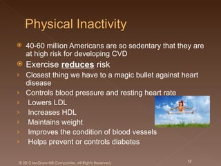    40-60 million Americans are so sedentary that they are
    at high risk for developing CVD
   Exercise reduces risk
› Closest thing we have to a magic bullet against heart
    disease
›   Controls blood pressure and resting heart rate
›    Lowers LDL
›    Increases HDL
›    Maintains weight
›    Improves the condition of blood vessels
›    Helps prevent or controls diabetes

© 2012 McGraw-Hill Companies. All Rights Reserved.   12
 