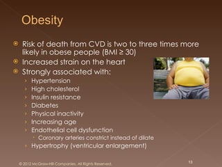     Risk of death from CVD is two to three times more
     likely in obese people (BMI ≥ 30)
    Increased strain on the heart
    Strongly associated with:
      ›   Hypertension
      ›   High cholesterol
      ›   Insulin resistance
      ›   Diabetes
      ›   Physical inactivity
      ›   Increasing age
      ›   Endothelial cell dysfunction
            Coronary arteries constrict instead of dilate
      › Hypertrophy (ventricular enlargement)

    © 2012 McGraw-Hill Companies. All Rights Reserved.       13
 