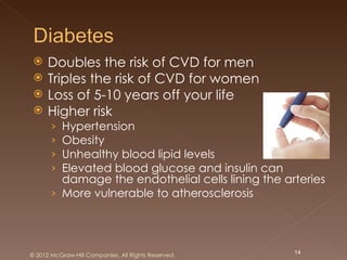     Doubles the risk of CVD for men
     Triples the risk of CVD for women
     Loss of 5-10 years off your life
     Higher risk
       › Hypertension
       › Obesity
       › Unhealthy blood lipid levels
       › Elevated blood glucose and insulin can
         damage the endothelial cells lining the arteries
       › More vulnerable to atherosclerosis




© 2012 McGraw-Hill Companies. All Rights Reserved.   14
 