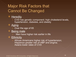    Heredity
        › CVD has genetic component; high cholesterol levels,
            hypertension, diabetes, and obesity
      Aging
        › Over the age of 65
      Being male
        ›     Men have higher risk earlier in life
      Ethnicity
        › African Americans higher risk of hypertension;
            Hispanics greater risk of HBP and angina;
            Asians lower rates of CVD



© 2012 McGraw-Hill Companies. All Rights Reserved.         16
 