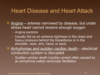    Angina – arteries narrowed by disease, but under
    stress heart cannot receive enough oxygen
    › Angina pectoris
    › Usually felt as an extreme tightness in the chest and
       heavy pressure behind the breastbone or in the
       shoulder, neck, arm, hand, or back
   Arrhythmias and sudden cardiac death – electrical
    conduction system is disrupted
    › Sudden cardiac death (cardiac arrest) often caused by
       an arrhythmia called ventricular fibrillation


© 2012 McGraw-Hill Companies. All Rights Reserved.     21
 