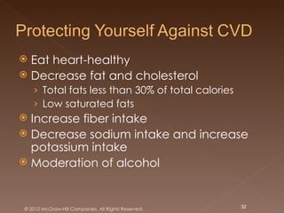 Eat heart-healthy
 Decrease fat and cholesterol
    › Total fats less than 30% of total calories
    › Low saturated fats
 Increase fiber intake
 Decrease sodium intake and increase
  potassium intake
 Moderation of alcohol



© 2012 McGraw-Hill Companies. All Rights Reserved.   32
 