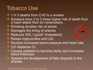   1 in 5 deaths from CVD is a smoker
   Smokers have 2 to 3 times higher risk of death from
    a heart attack than do nonsmokers
   Smoking doubles risk of stroke
   Damages the lining of arteries
   Reduces HDL (“good” cholesterol)
   Raises triglycerides and LDL
   Nicotine increases blood pressure and heart rate
   CO displaces O2
   Causes platelets to become sticky and increases
    blood thickness
   Speeds the development of fatty deposits in the
    arteries
© 2012 McGraw-Hill Companies. All Rights Reserved.   7
 