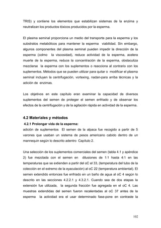 TRIS) y contiene los elementos que estabilizan sistemas de la enzima y
neutralizan los productos tóxicos producidos por la esperma.
El plasma seminal proporciona un medio del transporte para la esperma y los
substratos metabólicos para mantener la esperma viabilidad. Sin embargo,
algunos componentes del plasma seminal pueden impedir la dirección de la
esperma (colmo la viscosidad), reduce actividad de la esperma, acelera
muerte de la esperma, reduce la concentración de la esperma, obstaculiza
mezclarse la esperma con los suplementos o reacciona al contrario con los
suplementos. Métodos que se pueden utilizar para quitar o modificar el plasma
seminal incluyen la centrifugación, vortexing, nadan-para arriba técnicas y la
adición de enzimas.
Los objetivos en este capítulo eran examinar la capacidad de diversos
suplementos del semen de proteger el semen enfriado y de observar los
efectos de la centrifugación y de la agitación rápida en actividad de la esperma.
4.2 Materiales y métodos
4.2.1 Prolongar vida de la esperma:
adición de suplementos El semen de la alpaca fue recogido a partir de 5
varones que usaban un sistema de pesos americano cabido dentro de un
mannequin según lo descrito adentro Capítulo 2.
Una selección de los suplementos comerciales del semen (tabla 4.1 y apéndice
2) fue mezclada con el semen en dilusiones de 1:1 hasta 4:1 en las
temperaturas que se extienden a partir del oC el 33, (temperatura del tubo de la
colección en el extremo de la eyaculación) al oC 22 (temperatura ambiental). El
semen extendido entonces fue enfriado en un baño de agua al oC 4 según lo
descrito en las secciones 4.2.2.1 y 4.3.2.1. Cuando sea de dos etapas la
extensión fue utilizada, la segunda fracción fue agregada en el oC 4. Las
muestras extendidas del semen fueron recalentadas al oC 37 antes de la
esperma la actividad era el usar determinado fase-pone en contraste la
102
 
