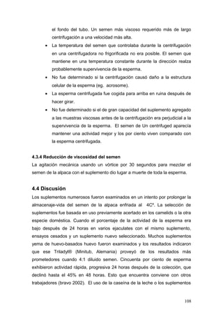 el fondo del tubo. Un semen más viscoso requerido más de largo
centrifugación a una velocidad más alta.
• La temperatura del semen que controlaba durante la centrifugación
en una centrifugadora no frigorificada no era posible. El semen que
mantiene en una temperatura constante durante la dirección realza
probablemente supervivencia de la esperma.
• No fue determinado si la centrifugación causó daño a la estructura
celular de la esperma (eg. acrosome).
• La esperma centrifugada fue cogida para arriba en ruina después de
hacer girar.
• No fue determinado si el de gran capacidad del suplemento agregado
a las muestras viscosas antes de la centrifugación era perjudicial a la
supervivencia de la esperma. El semen de Un centrifuged aparecía
mantener una actividad mejor y los por ciento viven comparado con
la esperma centrifugada.
4.3.4 Reducción de viscosidad del semen
La agitación mecánica usando un vórtice por 30 segundos para mezclar el
semen de la alpaca con el suplemento dio lugar a muerte de toda la esperma.
4.4 Discusión
Los suplementos numerosos fueron examinados en un intento por prolongar la
almacenaje-vida del semen de la alpaca enfriada al 4Cº. La selección de
suplementos fue basada en uso previamente acertado en los camelids o la otra
especie doméstica. Cuando el porcentaje de la actividad de la esperma era
bajo después de 24 horas en varios ejaculates con el mismo suplemento,
ensayos cesados y un suplemento nuevo seleccionado. Muchos suplementos
yema de huevo-basados huevo fueron examinados y los resultados indicaron
que ese Triladyl® (Minitub, Alemania) proveyó de los resultados más
prometedores cuando 4:1 diluido semen. Cincuenta por ciento de esperma
exhibieron actividad rápida, progresiva 24 horas después de la colección, que
declinó hasta el 45% en 48 horas. Esto que encuentra conviene con otros
trabajadores (bravo 2002). El uso de la caseína de la leche o los suplementos
108
 