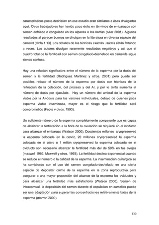 características poste-deshielan en ese estudio eran similares a ésas divulgadas
aquí. Otros trabajadores han tenido poco éxito en términos de embarazos con
semen enfriado o congelado en los alpacas o las llamas (Aller 2001). Algunos
resultados al parecer buenos se divulgan en la literatura en diversa especie del
camelid (tabla 1.13). Los detalles de las técnicas exactas usadas están faltando
a veces. Los autores divulgan raramente resultados negativos y así que el
cuadro total de la fertilidad con semen congelado-deshelado en camelids sigue
siendo confuso.
Hay una relación significativa entre el número de la esperma por la dosis del
semen y la fertilidad (Rodriguez Martinez y otros. 2001) pero puede ser
posibles reducir el número de la esperma por dosis con técnicas de la
refinación de la colección, del proceso y del AI, y por lo tanto aumenta el
número de dosis por ejaculate. Hay un número del umbral de la esperma
viable por la AI-dosis para los varones individuales, debajo de quienes poca
esperma viable inseminada, mayor es el riesgo que la fertilidad será
comprometido (Foote y otros. 1993).
Un suficiente número de la esperma completamente competente que es capaz
de alcanzar la fertilización a la hora de la ovulación se requiere en el oviducto
para alcanzar el embarazo (Watson 2000). Doscientos millones cryopreserved
la esperma colocada en la cerviz, 20 millones cryopreserved la esperma
colocada en el útero o 1 millón cryopreserved la esperma colocada en el
oviducto son necesario alcanzar la fertilidad más del de 50% en las ovejas
(maxwell 1986, Maxwell y otros. 1993). La fertilidad declina exponencial cuando
se reduce el número o la calidad de la esperma. La inseminación quirúrgica se
ha combinado con el uso del semen congelado-deshelado en una cierta
especie de depositar colmo de la esperma en la zona reproductiva para
asegurar a una mayor proporción del alcance de la esperma los oviductos y
para alcanzar una fertilidad más satisfactoria (Watson 2000). Semen de
Intracornual la deposición del semen durante el copulation en camelids puede
ser una adaptación para superar las concentraciones relativamente bajas de la
esperma (marrón 2000).
130
 