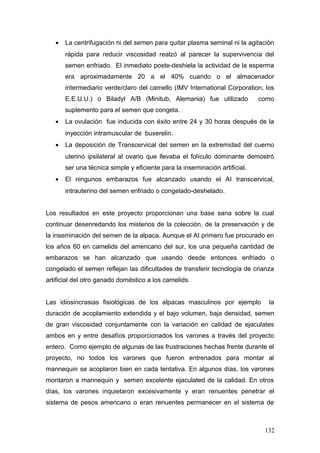 • La centrifugación ni del semen para quitar plasma seminal ni la agitación
rápida para reducir viscosidad realzó al parecer la supervivencia del
semen enfriado. El inmediato poste-deshiela la actividad de la esperma
era aproximadamente 20 a el 40% cuando o el almacenador
intermediario verde/claro del camello (IMV International Corporation, los
E.E.U.U.) o Biladyl A/B (Minitub, Alemania) fue utilizado como
suplemento para el semen que congela.
• La ovulación fue inducida con éxito entre 24 y 30 horas después de la
inyección intramuscular de buserelin.
• La deposición de Transcervical del semen en la extremidad del cuerno
uterino ipsilateral al ovario que llevaba el folículo dominante demostró
ser una técnica simple y eficiente para la inseminación artificial.
• El ningunos embarazos fue alcanzado usando el AI transcervical,
intrauterino del semen enfriado o congelado-deshelado.
Los resultados en este proyecto proporcionan una base sana sobre la cual
continuar desenredando los misterios de la colección, de la preservación y de
la inseminación del semen de la alpaca. Aunque el AI primero fue procurado en
los años 60 en camelids del americano del sur, los una pequeña cantidad de
embarazos se han alcanzado que usando desde entonces enfriado o
congelado el semen reflejan las dificultades de transferir tecnología de crianza
artificial del otro ganado doméstico a los camelids.
Las idiosincrasias fisiológicas de los alpacas masculinos por ejemplo la
duración de acoplamiento extendida y el bajo volumen, baja densidad, semen
de gran viscosidad conjuntamente con la variación en calidad de ejaculates
ambos en y entre desafíos proporcionados los varones a través del proyecto
entero. Como ejemplo de algunas de las frustraciones hechas frente durante el
proyecto, no todos los varones que fueron entrenados para montar al
mannequin se acoplaron bien en cada tentativa. En algunos días, los varones
montaron a mannequin y semen excelente ejaculated de la calidad. En otros
días, los varones inquietaron excesivamente y eran renuentes penetrar el
sistema de pesos americano o eran renuentes permanecer en el sistema de
132
 