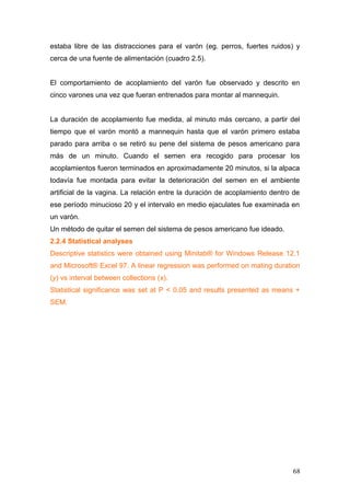 estaba libre de las distracciones para el varón (eg. perros, fuertes ruidos) y
cerca de una fuente de alimentación (cuadro 2.5).
El comportamiento de acoplamiento del varón fue observado y descrito en
cinco varones una vez que fueran entrenados para montar al mannequin.
La duración de acoplamiento fue medida, al minuto más cercano, a partir del
tiempo que el varón montó a mannequin hasta que el varón primero estaba
parado para arriba o se retiró su pene del sistema de pesos americano para
más de un minuto. Cuando el semen era recogido para procesar los
acoplamientos fueron terminados en aproximadamente 20 minutos, si la alpaca
todavía fue montada para evitar la deterioración del semen en el ambiente
artificial de la vagina. La relación entre la duración de acoplamiento dentro de
ese período minucioso 20 y el intervalo en medio ejaculates fue examinada en
un varón.
Un método de quitar el semen del sistema de pesos americano fue ideado.
2.2.4 Statistical analyses
Descriptive statistics were obtained using Minitab® for Windows Release 12.1
and Microsoft® Excel 97. A linear regression was performed on mating duration
(y) vs interval between collections (x).
Statistical significance was set at P < 0.05 and results presented as means +
SEM.
68
 
