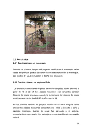 2.3 Resultados
2.3.1 Construcción de un mannequin
Durante los primeros tiempos del proyecto, modificaron al mannequin varias
veces de optimizar postura del varón cuando está montado en el mannequin.
Los cuadros 2.1 y 2.2 demuestran el diseño final alcanzado.
2.3.2 Construcción de una vagina artificial
La temperatura del sistema de pesos americano del grado óptimo extendió a
partir del 48 al oC 52. Los alpacas masculinos eran renuentes penetrar
Sistema de pesos americano cuando la temperatura del sistema de pesos
americano era menos de el oC 45 el oC o más de 55.
En los primeros tiempos del proyecto cuando no se utilizó ninguna cerviz
artificial los alpacas masculinos constantemente retiró y reinsertó el pene y
aparecía incómodo. Cuando la cerviz fue agregada a el sistema,
comportamiento que servía vino asemejarse a eso considerada en servicio
natural.
69
 