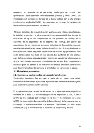congelado en Australia es el porcentaje morfológico de normal los
spermatozoa poste-deshielan inmediatamente (Phillips y otros. 2001). Un
microscopio del contraste de la fase de la buena calidad con la alta energía
(por lo menos ampliación X.400) y las manchas y los borrones de transferencia
correctamente preparados son necesarios.
Métodos complejos de evaluar el semen que tienen una relación significativa a
la fertilidad y permiten la eliminación de toros secundario-fértiles, incluye la
evaluación de ayuda de computadora de los patrones del motility de la
esperma, de la separación de la esperma del swimup, del estado del
capacitation, de las reacciones acrosome inducidas, de los análisis esperma-
que atan del pellucida del zona y de la fertilización in vitro. Estos métodos de la
evaluación del semen requieren habilidad en el uso del equipo costoso y no
serán considerados más lejos en este estudio. Las punterías de este capítulo
eran definir un método estandardizado y objetivo de caracterizar el semen de la
alpaca describiendo parámetros cuantitativos del semen. Esto proporcionará
una base para los centros o los individuos de crianza artificiales australianos
para determinar calidad del semen y la fertilidad de los varones de la alpaca.
3.2 Materiales y métodos
3.2.1 Animales y equipo usados para caracterizar el semen
Veinticuatro ejaculates fue recogido a partir de un varón para definir
características del semen. Ejaculates a partir de tres varones fueron recogidos
para examinar la variación entre varones.
El equipo usado para caracterizar el semen de la alpaca en este proyecto se
enumera en la tabla 3.1. Un microscopio con la ampliación (x 100, x 200 y
X.400) de los objetivos del contraste de la fase y de immersión en aceite
(x1000 la observación clara permitida de la ampliación) de la esperma para la
morfología y vive/absolutamente los estudios. Combinado con una etapa
caliente (oC 37), el movimiento de la esperma fue observado y descrito
80
 