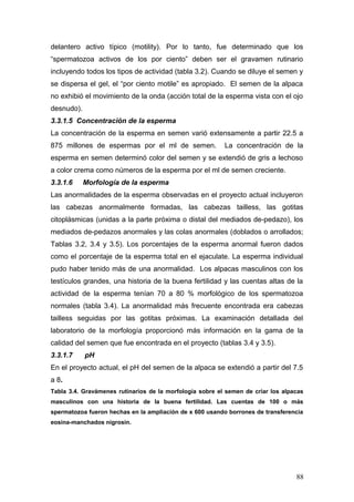 delantero activo típico (motility). Por lo tanto, fue determinado que los
“spermatozoa activos de los por ciento” deben ser el gravamen rutinario
incluyendo todos los tipos de actividad (tabla 3.2). Cuando se diluye el semen y
se dispersa el gel, el “por ciento motile” es apropiado. El semen de la alpaca
no exhibió el movimiento de la onda (acción total de la esperma vista con el ojo
desnudo).
3.3.1.5 Concentración de la esperma
La concentración de la esperma en semen varió extensamente a partir 22.5 a
875 millones de espermas por el ml de semen. La concentración de la
esperma en semen determinó color del semen y se extendió de gris a lechoso
a color crema como números de la esperma por el ml de semen creciente.
3.3.1.6 Morfología de la esperma
Las anormalidades de la esperma observadas en el proyecto actual incluyeron
las cabezas anormalmente formadas, las cabezas tailless, las gotitas
citoplásmicas (unidas a la parte próxima o distal del mediados de-pedazo), los
mediados de-pedazos anormales y las colas anormales (doblados o arrollados;
Tablas 3.2, 3.4 y 3.5). Los porcentajes de la esperma anormal fueron dados
como el porcentaje de la esperma total en el ejaculate. La esperma individual
pudo haber tenido más de una anormalidad. Los alpacas masculinos con los
testículos grandes, una historia de la buena fertilidad y las cuentas altas de la
actividad de la esperma tenían 70 a 80 % morfológico de los spermatozoa
normales (tabla 3.4). La anormalidad más frecuente encontrada era cabezas
tailless seguidas por las gotitas próximas. La examinación detallada del
laboratorio de la morfología proporcionó más información en la gama de la
calidad del semen que fue encontrada en el proyecto (tablas 3.4 y 3.5).
3.3.1.7 pH
En el proyecto actual, el pH del semen de la alpaca se extendió a partir del 7.5
a 8.
Tabla 3.4. Gravámenes rutinarios de la morfología sobre el semen de criar los alpacas
masculinos con una historia de la buena fertilidad. Las cuentas de 100 o más
spermatozoa fueron hechas en la ampliación de x 600 usando borrones de transferencia
eosina-manchados nigrosin.
88
 
