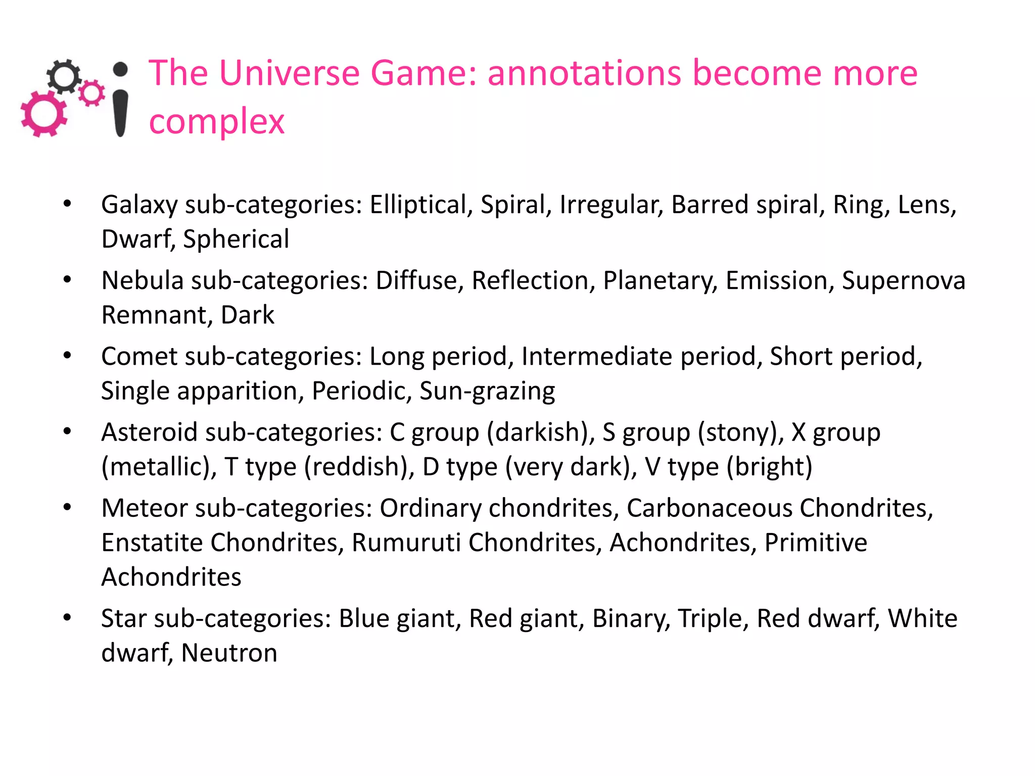 The Universe Game: annotations become more
       complex
• Galaxy sub-categories: Elliptical, Spiral, Irregular, Barred spiral, Ring, Lens,
  Dwarf, Spherical
• Nebula sub-categories: Diffuse, Reflection, Planetary, Emission, Supernova
  Remnant, Dark
• Comet sub-categories: Long period, Intermediate period, Short period,
  Single apparition, Periodic, Sun-grazing
• Asteroid sub-categories: C group (darkish), S group (stony), X group
  (metallic), T type (reddish), D type (very dark), V type (bright)
• Meteor sub-categories: Ordinary chondrites, Carbonaceous Chondrites,
  Enstatite Chondrites, Rumuruti Chondrites, Achondrites, Primitive
  Achondrites
• Star sub-categories: Blue giant, Red giant, Binary, Triple, Red dwarf, White
  dwarf, Neutron
 
