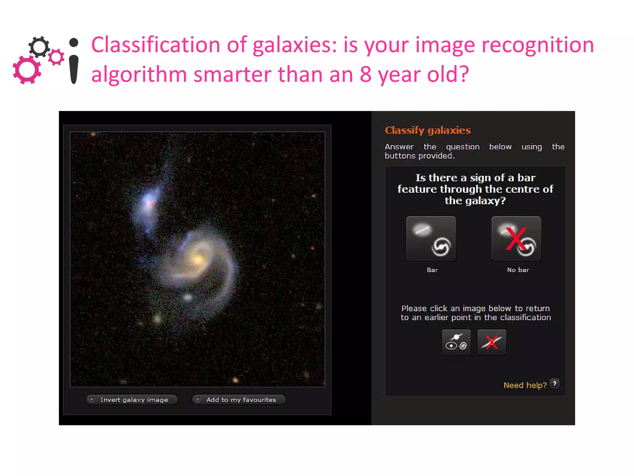 Classification of galaxies: is your image recognition
algorithm smarter than an 8 year old?
 