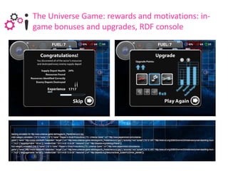 The Universe Game: rewards and motivations: in-
game bonuses and upgrades, RDF console
 