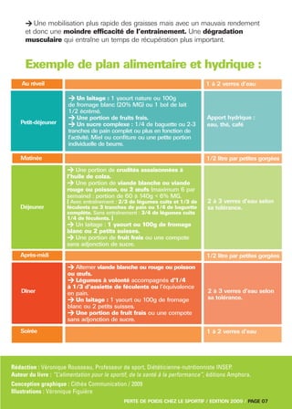 > Une mobilisation plus rapide des graisses mais avec un mauvais rendement




                       > Un laitage : 1 yaourt nature ou 100g

                       > Une portion de fruits frais.
                       > Un sucre complexe : 1/4 de baguette ou 2-3




                       > Une portion de crudités assaisonnées à
                       > Une portion de viande blanche ou viande




                       > Un laitage : 1 yaourt ou 100g de fromage
                       > Une portion de fruit frais ou une compote
     et donc une moindre efficacité de l’entrainement. Une dégradation
     musculaire qui entraîne un temps de récupération plus important.




                       > Alterner viande blanche ou rouge ou poisson
                       > Légumes à volonté accompagnés d’1/4
     Exemple de plan alimentaire et hydrique :




                       > Un laitage : 1 yaourt ou 100g de fromage
    Au réveil                                                                   1 à 2 verres d’eau




                       > Une portion de fruit frais ou une compote
                       de fromage blanc (20% MG) ou 1 bol de lait
                       1/2 écrémé.
                                                                                Apport hydrique :
   Petit-déjeuner                                                               eau, thé, café
                       tranches de pain complet ou plus en fonction de
                       l’activité. Miel ou confiture ou une petite portion
                       individuelle de beurre.

   Matinée                                                                      1/2 litre par petites gorgées


                       l’huile de colza.

                       rouge ou poisson, ou 2 œufs (maximum 6 par
                       semaine) : portion de 60 à 140g < 6% MG.
                       [ Avec entraînement : 2/3 de légumes cuits et 1/3 de      2 à 3 verres d’eau selon
   Déjeuner            féculents ou 3 tranches de pain ou 1/4 de baguette        sa tolérance.
                       complète. Sans entraînement : 3/4 de légumes cuits
                       1/4 de féculents. ]

                       blanc ou 2 petits suisses.

                       sans adjonction de sucre.
   Après-midi                                                                   1/2 litre par petites gorgées


                       ou œufs.

                       à 1/3 d’assiette de féculents ou l’équivalence
    Dîner              en pain.                                                  2 à 3 verres d’eau selon
                                                                                 sa tolérance.
                       blanc ou 2 petits suisses.

                       sans adjonction de sucre.
   Soirée                                                                       1 à 2 verres d’eau




Rédaction : Véronique Rousseau, Professeur de sport, Diététicienne-nutritionniste INSEP.
Auteur du livre : “L’alimentation pour le sportif, de la santé à la performance”, éditions Amphora.
Conception graphique : Cithéa Communication / 2009
Illustrations : Véronique Figuière
                                              PERTE DE POIDS CHEZ LE SPORTIF / EDITION 2009 / PAGE 07
 