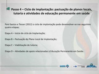 Passo 4 – Ciclo de implantação: pactuação de planos locais,
tutoria e atividades de educação permanente em saúde
Para Santos e Tesser (2012) o ciclo de implantação pode desenvolver-se nas seguintes
quatro etapas:
Etapa A – Início do ciclo de Implantação;
Etapa B – Pactuação do Plano Local de Implantação;
Etapa C – Viabilização de tutoria;
Etapa D – Atividades de apoio relacionadas à Educação Permanente em Saúde.
 