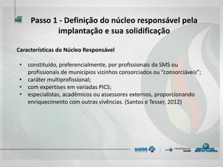 Características do Núcleo Responsável
• constituído, preferencialmente, por profissionais da SMS ou
profissionais de municípios vizinhos consorciados ou “consorciáveis”;
• caráter multiprofissional;
• com expertises em variadas PICS;
• especialistas, acadêmicos ou assessores externos, proporcionando
enriquecimento com outras vivências. (Santos e Tesser, 2012)
Passo 1 - Definição do núcleo responsável pela
implantação e sua solidificação
 