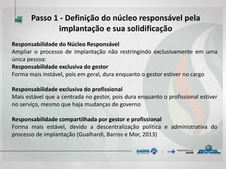 Responsabilidade do Núcleo Responsável
Ampliar o processo de implantação não restringindo exclusivamente em uma
única pessoa:
Responsabilidade exclusiva do gestor
Forma mais instável, pois em geral, dura enquanto o gestor estiver no cargo
Responsabilidade exclusiva do profissional
Mais estável que a centrada no gestor, pois dura enquanto o profissional estiver
no serviço, mesmo que haja mudanças de governo
Responsabilidade compartilhada por gestor e profissional
Forma mais estável, devido a descentralização política e administrativa do
processo de implantação (Gualhardi, Barros e Mor, 2013)
Passo 1 - Definição do núcleo responsável pela
implantação e sua solidificação
 