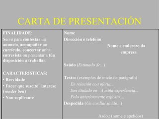 CARTA DE PRESENTACIÓN FINALIDADE : Serve para  contestar  un  anuncio ,  acompañar  un  currículo, concertar  unha  entrevista  ou presentar a  túa disposición a traballar . CARACTERÍSTICAS: Brevidade Facer que suscite  interese ( vender ben ) Non suplicante Nome Dirección e teléfono Nome e enderezo da empresa Saúdo  ( Estimado Sr ...) Texto:  (exemplos de inicio de parágrafo) En relación coa oferta... Son titulado en  A miña experiencia... Polo anteriormente exposto.... Despedida  ( Un cordial saúdo ...) Asdo.: (nome e apelidos) 