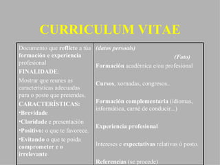 CURRICULUM VITAE Documento que  reflicte  a túa  formación e experiencia  profesional FINALIDADE : Mostrar que reunes as características adecuadas para o posto que pretendes. CARACTERÍSTICAS: Brevidade Claridade  e presentación Positivo:  o que te favorece. Evitando  o que te poida  comprometer e o irrelevante (datos persoais) (Foto) Formación  académica e/ou profesional Cursos , xornadas, congresos.. Formación complementaria  (idiomas, informática, carné de conducir...) Experiencia profesional Intereses e  expectativas  relativas ó posto. Referencias  (se procede) 