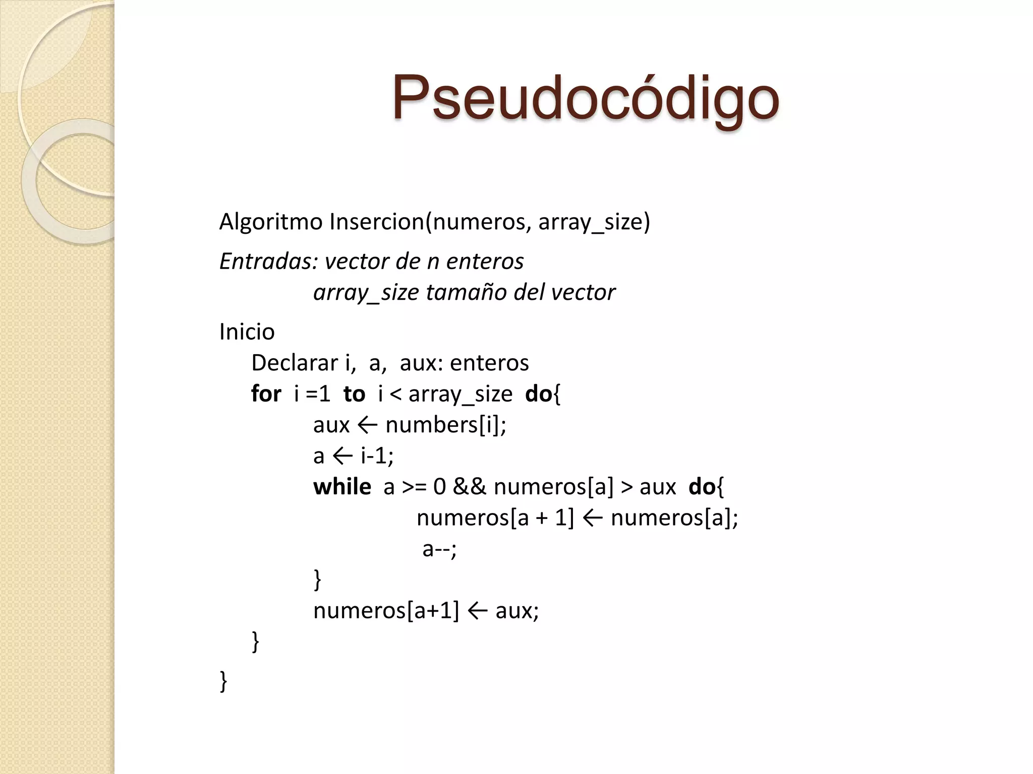 Pseudocódigo
Algoritmo Insercion(numeros, array_size)
Entradas: vector de n enteros
array_size tamaño del vector
Inicio
Declarar i, a, aux: enteros
for i =1 to i < array_size do{
aux ← numbers[i];
a ← i-1;
while a >= 0 && numeros[a] > aux do{
numeros[a + 1] ← numeros[a];
a--;
}
numeros[a+1] ← aux;
}
}
 