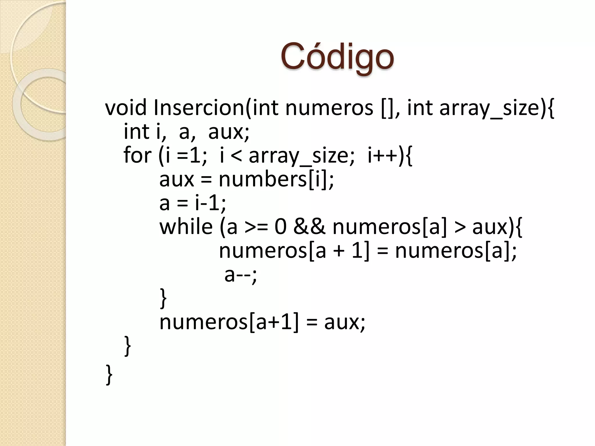 Código
void Insercion(int numeros [], int array_size){
int i, a, aux;
for (i =1; i < array_size; i++){
aux = numbers[i];
a = i-1;
while (a >= 0 && numeros[a] > aux){
numeros[a + 1] = numeros[a];
a--;
}
numeros[a+1] = aux;
}
}
 