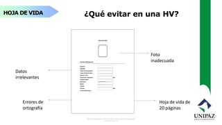 HOJA DE VIDA ¿Qué evitar en una HV?
Foto
inadecuada
Hoja de vida de
20 páginas
Errores de
ortografía
Datos
irrelevantes
 