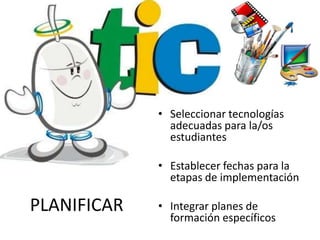 Seleccionar tecnologías adecuadas para la/os estudiantesEstablecer fechas para la etapas de implementaciónIntegrar planes de formación específicos PLANIFICAR