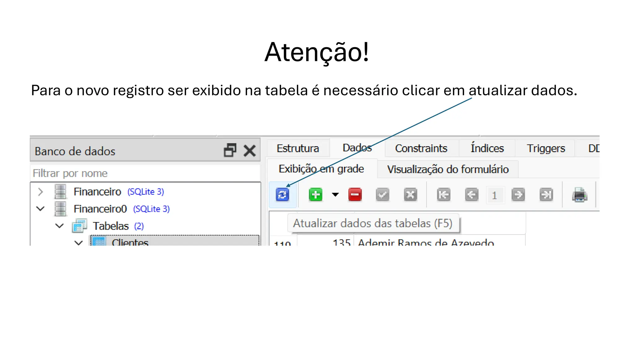 Atenção!
Para o novo registro ser exibido na tabela é necessário clicar em atualizar dados.
 