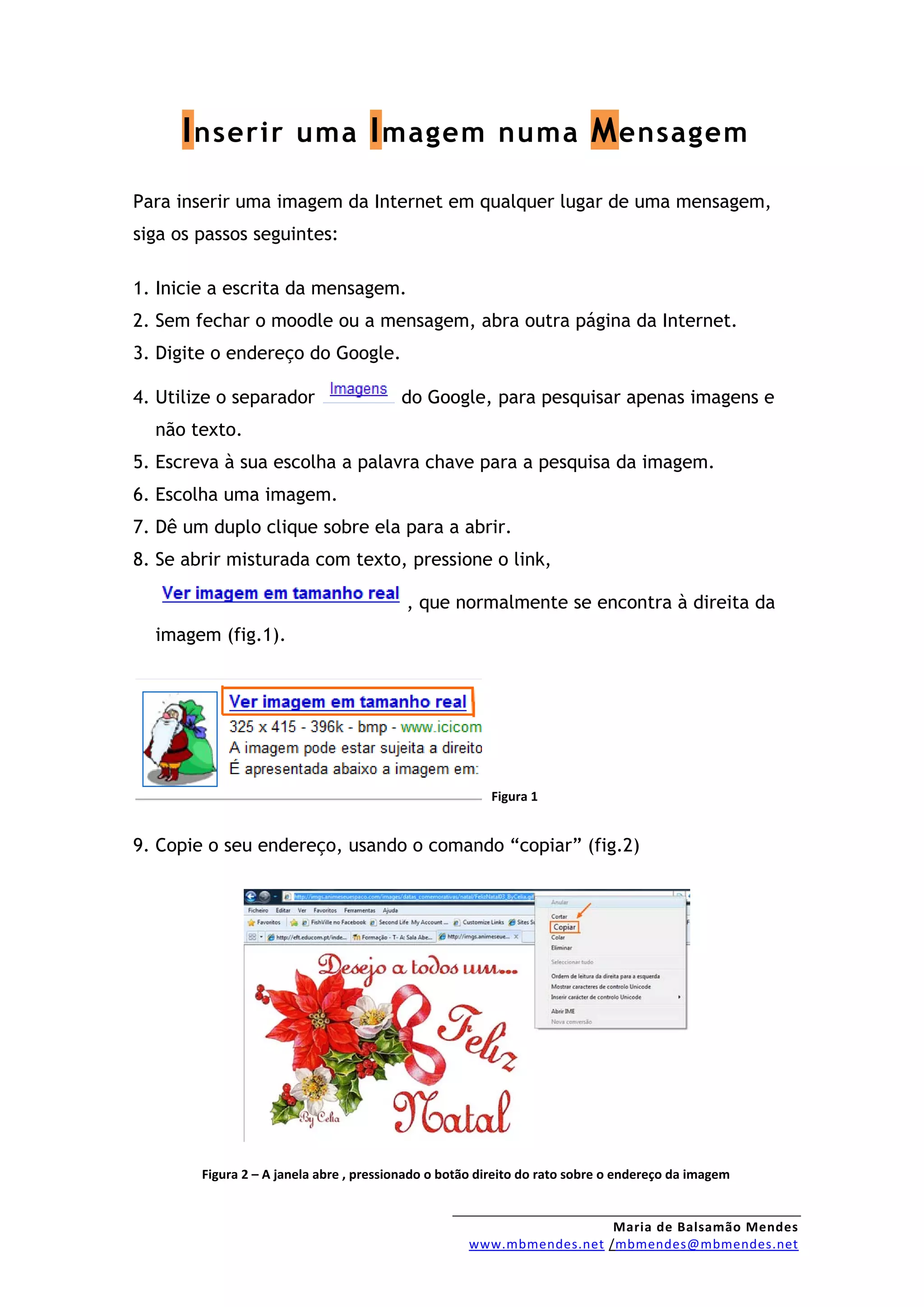 I nserir uma I magem numa M ensagem
Para inserir uma imagem da Internet em qualquer lugar de uma mensagem,
siga os passos seguintes:

1. Inicie a escrita da mensagem.
2. Sem fechar o moodle ou a mensagem, abra outra página da Internet.
3. Digite o endereço do Google.

4. Utilize o separador                   do Google, para pesquisar apenas imagens e
  não texto.
5. Escreva à sua escolha a palavra chave para a pesquisa da imagem.
6. Escolha uma imagem.
7. Dê um duplo clique sobre ela para a abrir.
8. Se abrir misturada com texto, pressione o link,

                                          , que normalmente se encontra à direita da
  imagem (fig.1).




                                                        Figura 1


9. Copie o seu endereço, usando o comando “copiar” (fig.2)




        Figura 2 – A janela abre , pressionado o botão direito do rato sobre o endereço da imagem


                                                                       Maria de Balsamão Mendes
                                                     www.mbmendes.net /mbmendes@mbmendes.net
 