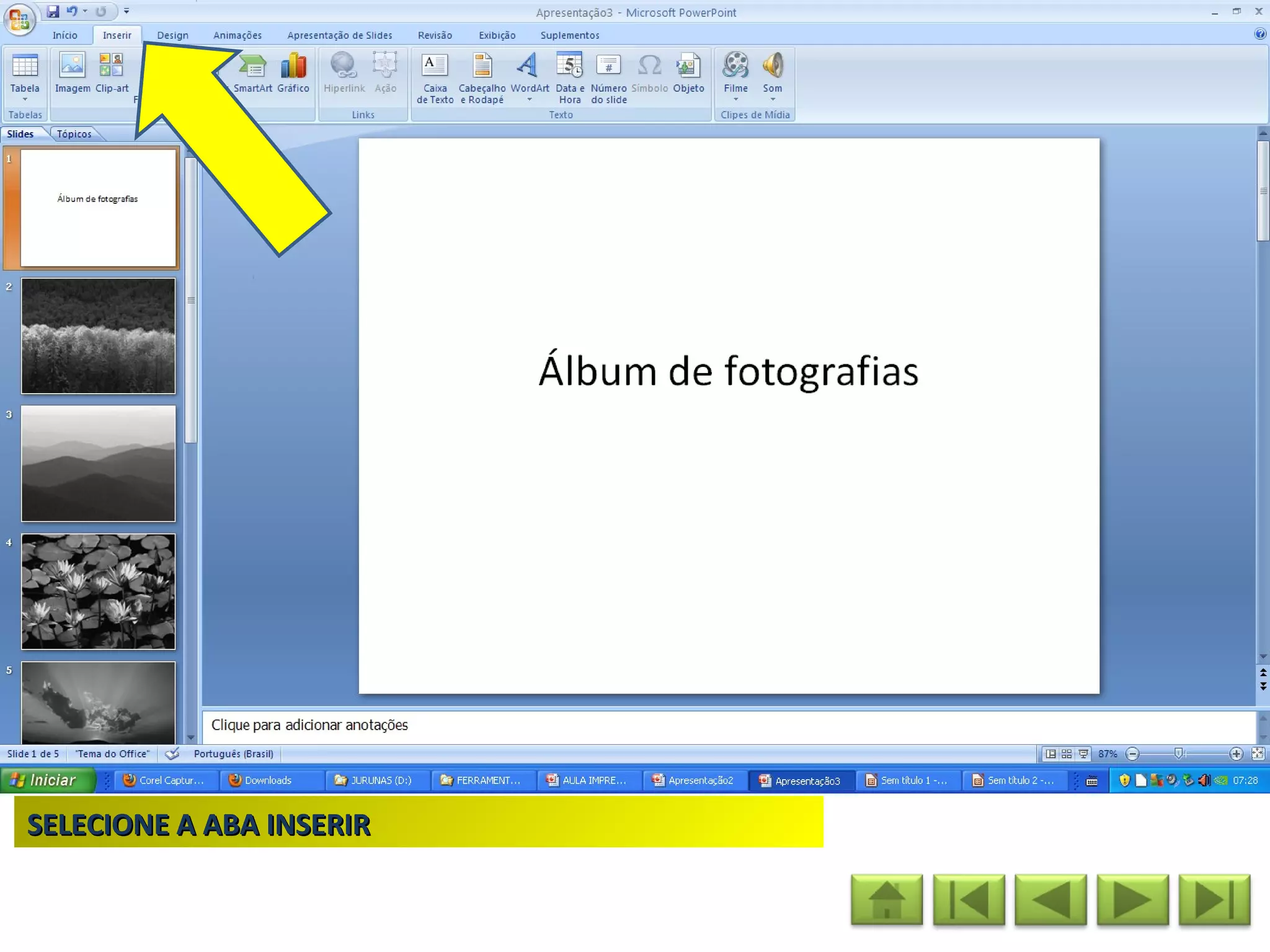 SELECIONE A ABA INSERIR