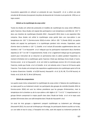 157
musculaires apparentés en utilisant un protocole de saut. Hausswirth et al. a utilisé une piste
simulée de 48 minutes (incorporant cinq blocs de descente de 3 minutes à une pente de -15%) sur un
tapis roulant.
Détails sur la cryothérapie du corps entier
Toutes les études ont utilisé des protocoles et modèles de cryothérapie du corps entier différents
après l'exercice. Deux études ont exposé des participants à une température contrôlée de -110 ° C
dans une chambre de cryothérapie (Costello 2012 ; Hausswirth 2011) donc à une exposition tête
comprise. Deux études ont utilisé la cryothérapie corps partiel dans une cryo-cabine à une
température de -110 ° C (Ferreira-Junior 2014) et entre -140 et -195 ° C (Fonda 2013). Les quatre
études ont exposé les participants à la cryothérapie pendant trois minutes. Cependant, avant
d'entrer dans la chambre à -110 ° C, Costello et al. incluait 20 secondes supplémentaires dans une
chambre à -60 ° C et Hausswirth et al. indiquait que les participants traversaient deux chambres
séparées (à -10 ° C et -60 ° C respectivement). Fonda et al. a également indiqué que les participants
avaient pour instruction de se retourner en permanence dans la cabine pendant l'exposition. Le
moment d'initiation de la cryothérapie après l'exercice n'était pas identique d'une étude à l'autre.
Ferreira-Junior et al. et Hausswirth et al. ont initié la cryothérapie environ 10 à 15 minutes après
l'exercice, tandis que Fonda et al. et Costello et al. ont attendu entre 1 heure et 24 heures après
l'exercice. Trois études ont entrepris des expositions supplémentaires de cryothérapie après la fin de
la séance d’exercices: Costello et al.(26 heures); Hausswirth et al. (à 24, 48, 72 et 96 heures); et
Fonda et al. (à 24, 48, 72, 96 et 120 heures).
Détails des comparaisons
Les quatre essais inclus comparaient la cryothérapie du corps entier à l’absence de cryothérapie ou
au repos passif ou au traitement simulé. Les participants des groupes de contrôle (Costello 2012 et
Ferreira-Junior 2014) ont suivi les mêmes procédures que les groupes d'intervention, mais la
température de la chambre ou de la cryo-cabine a été réglée à 15 ° C et 21 ° C respectivement. Le
groupe témoin comprenait le «repos passif» dans dans l’étude de Fonda et al. et le repos assis
pendant 30 minutes dans une salle tempérée dans l’étude de Hausswirth et al.
Un essai de trois groupes a également comparé cryothérapie au traitement par infrarouge
(Hausswirth 2011). Au cours de la thérapie par infrarouge, les participants étaient couchés sur le dos,
sur une table et tout le corps, à l’exception de la tête, avait été exposé au traitement pendant 30
 