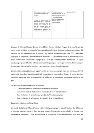 85
L’équipe de (Giemza, Matczak-Giemza et al. 2014) a cherché à évaluer l’impact de la cryothérapie du
corps entier sur l’état fonctionnel d’hommes âgés souffrant de douleurs lombaires chroniques. 96
patients ont été randomisés en 2 groupes : un groupe intervention avec une CCE + exercices
physiques et un groupe contrôle exercices physiques. La cryothérapie consistait en une exposition
totale au froid dans une chambre cryogénique, 5 jours par semaine pendant 3 semaines. Les sujets
des deux groupes ont fait les mêmes exercices thérapeutiques 5 jours par semaine, 45 minutes par
jour pendant 3 semaines, les exercices étant supervisés par un physiothérapeute.
L’intervention est peu détaillée, le type d’exercice physique par exemple n’est pas mentionné. Il n’est
pas précisé si pendant l’exposition au froid, les participants étaient vêtus d’habits de protections (de
shorts ou maillot de bain, de chaussettes, de sabots ou de chaussures, de masque chirurgical, de
gant…).
Les 4 critères de jugement étaient les suivants :
- La mobilité vertébrale hétéro-évaluée en fin de traitement
- Mesures de l’activité électrique du muscle érecteur du rachis lombaire
- Auto-évaluation de la douleur sur une Echelle Visuelle Analogique
- Auto-évaluation de la limitation des activités de la vie quotidienne
Ces critères n’étaient pas hiérarchisés.
Un test U de Wilcoxon-Mann-Whitney a été réalisé pour comparer les distributions des différents
critères de jugement mesurés dans les deux groupes (intervention et contrôle) à la fin des trois
semaines de traitement. L’essai a montré que la mobilité du rachis dorso-lombaire pour tous les
lésions cutanées gangréneuses,
neuropathies sympathiques,
cachexie
L’article ne présente pas de
diagramme de flux, 96 sujets
ont été randomisés dans les
groupes. Seuls 92 sujets ont été
pris en compte dans les
analyses. Aucune information
concernant ces sujets n’a été
mentionnée dans l’article.
-Tous les exercices
étaient supervisés par un
physiothérapeute qualifié
- Aucun traitement
pharmacologique et/ou
thérapie physique
concomitantes.
peux pas le faire».
 