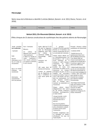 91
Fibromyalgie
Notre revue de la littérature a identifié 2 articles (Bettoni, Bonomi et al. 2013, Rivera, Tercero et al.
2018).
Méthodes Suivi Participants Interventions Critères
Bettoni 2013, Clin Rheumatol (Bettoni, Bonomi et al. 2013)
Effets cliniques de 15 séances consécutives de cryothérapie chez des patients atteints de fibromyalgie
-étude contrôlée
non randomisée
- 2 groupes
Italie
Aucune
information sur le
lieu et la date du
recrutement
Avis à un comité
d’éthique non
mentionnée
Information et
consentement
écrit non précisés
Suivi : 3 semaines
Mesures :
Les critères de
jugement sont mesurés
« pré traitement»
(« début de l’étude) et
« post traitement »
sans aucune précision
sur quand et comment
ils sont mesurés.
Sujets : âgés de 17 à 70
ans avec un diagnostic
intial de fibromyalgie
(diagnostic posé selon
les critères de
l’American College of
Rhumatology (ACR)
2010)
Exclusions : non
spécifiées
100 sujets dont 92
femmes et 8 hommes
L’article ne présente
pas de diagramme de
flux, il semblerait n’y
avoir aucun perdu de
vue
2 groupes :
-Groupe CCE de 50 sujets (46
femmes et 4 hommes): 15
séances consécutives de CCE
sur une durée de 3 semaines.
Chaque séance débute par
un préconditionnement de
30 secondes à – 60 ° C suivi
d’une exposition de 3
minutes à – 140°C. Pendant
l’exposition, les sujets
étaient vêtus de shorts
(maillot de bain), de
chaussettes, de sabots ou de
chaussures, de masque
chirurgical, de gant, et d’un
chapeau (ou serre-tête)
couvrant les oreilles. Toute la
sueur a été séchée. Une fois
dans les cryochambres, les
sujets devaient marcher
dans la chambre pour
maintenir les extrémités en
mouvement.
Chaque séance devait
obligatoirement être suivie
de 30 minutes d’exercice
aérobique (cycloergomètre
ou tapis roulant)
-Groupe Contrôle : de 50
sujets (46 femmes et 4
hommes) Sans CCE ni
exercice
Pour tous les patients :
Traitement pharmacologique
et/ou antioxydants auxquels
ils étaient soumis avant
l’intervention.
Chambre cryogénique avec
un échangeur de chaleur
refroidissant l’air avec de
l’azote liquide
Principal : Plusieurs critères
autoévalués non hiérarchisés
- la douleur (EVA)
- Qualité de vie sur le
questionnaire Short Form
(SF)-36 (Medical Outcomes
Trust, Boston MA) qui
mesure la perception de la
qualité de vie actuelle liée à
la santé par rapport à huit
dimensions différentes
- Global Health Status (GH):
qui est une auto-évaluation
de l'état de santé basée sur
un score visuel analogique (0
= meilleur, 100 = pire) utilisé
pour calculer le «score
d'activité de la maladie»
pour diverses maladies
rhumatismales
-The Fatigue Severity Scale
(FSS) vise à évaluer, à l'aide
de 9 items et 7 niveaux
d'accord, les effets
physiques, sociaux ou
cognitifs de la fatigue (p. Ex.
travail, motivation).
 