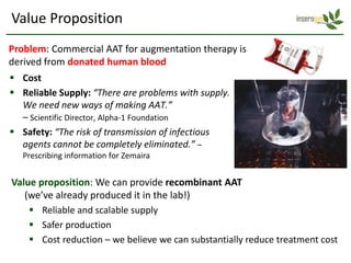 Value Proposition
Problem: Commercial AAT for augmentation therapy is
derived from donated human blood
 Cost
 Reliable Supply: “There are problems with supply.
  We need new ways of making AAT.”
  – Scientific Director, Alpha-1 Foundation
 Safety: “The risk of transmission of infectious
  agents cannot be completely eliminated.” –
   Prescribing information for Zemaira


Value proposition: We can provide recombinant AAT
   (we’ve already produced it in the lab!)
     Reliable and scalable supply
     Safer production
     Cost reduction – we believe we can substantially reduce treatment cost
 