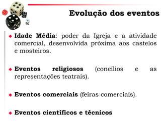 Evolução dos eventos




Idade Média: poder da Igreja e a atividade
comercial, desenvolvida próxima aos castelos
e mosteiros.
Eventos
religiosos
(concílios
representações teatrais).

e



Eventos comerciais (feiras comerciais).



Eventos científicos e técnicos

as

 