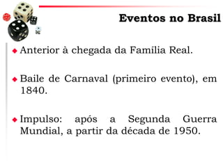 Eventos no Brasil






Anterior à chegada da Família Real.

Baile de Carnaval (primeiro evento), em
1840.
Impulso: após a Segunda Guerra
Mundial, a partir da década de 1950.

 