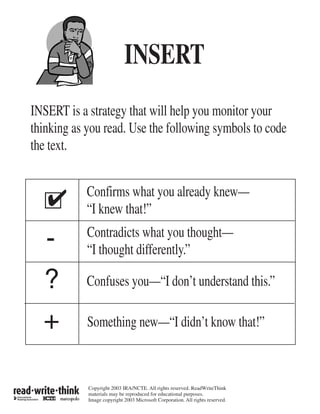 INSERT
INSERT is a strategy that will help you monitor your
thinking as you read. Use the following symbols to code
the text.


   ✔        Confirms what you already knew—
            “I knew that!”
            Contradicts what you thought—
   -        “I thought differently.”

  ?         Confuses you—“I don’t understand this.”

  +         Something new—“I didn’t know that!”



            Copyright 2003 IRA/NCTE. All rights reserved. ReadWriteThink
            materials may be reproduced for educational purposes.
            Image copyright 2003 Microsoft Corporation. All rights reserved.
 