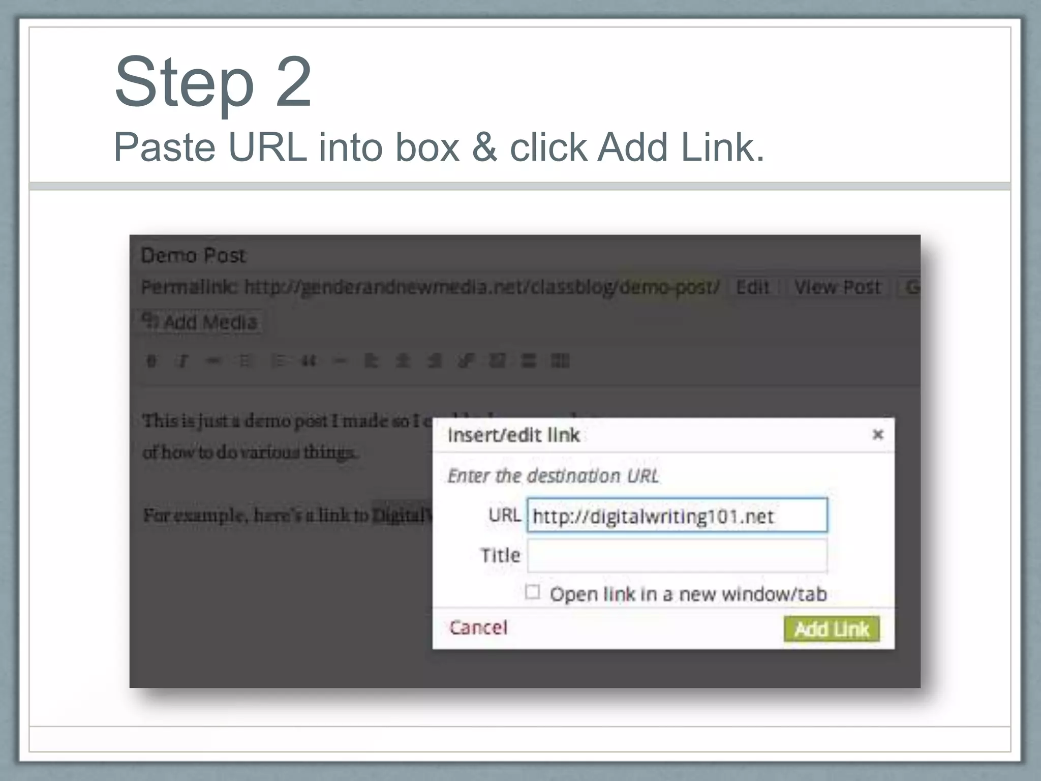 Step 2
Paste URL into box & click Add Link.