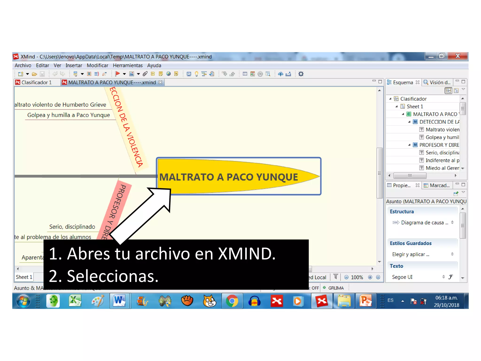 1. Abres tu archivo en XMIND.
2. Seleccionas.