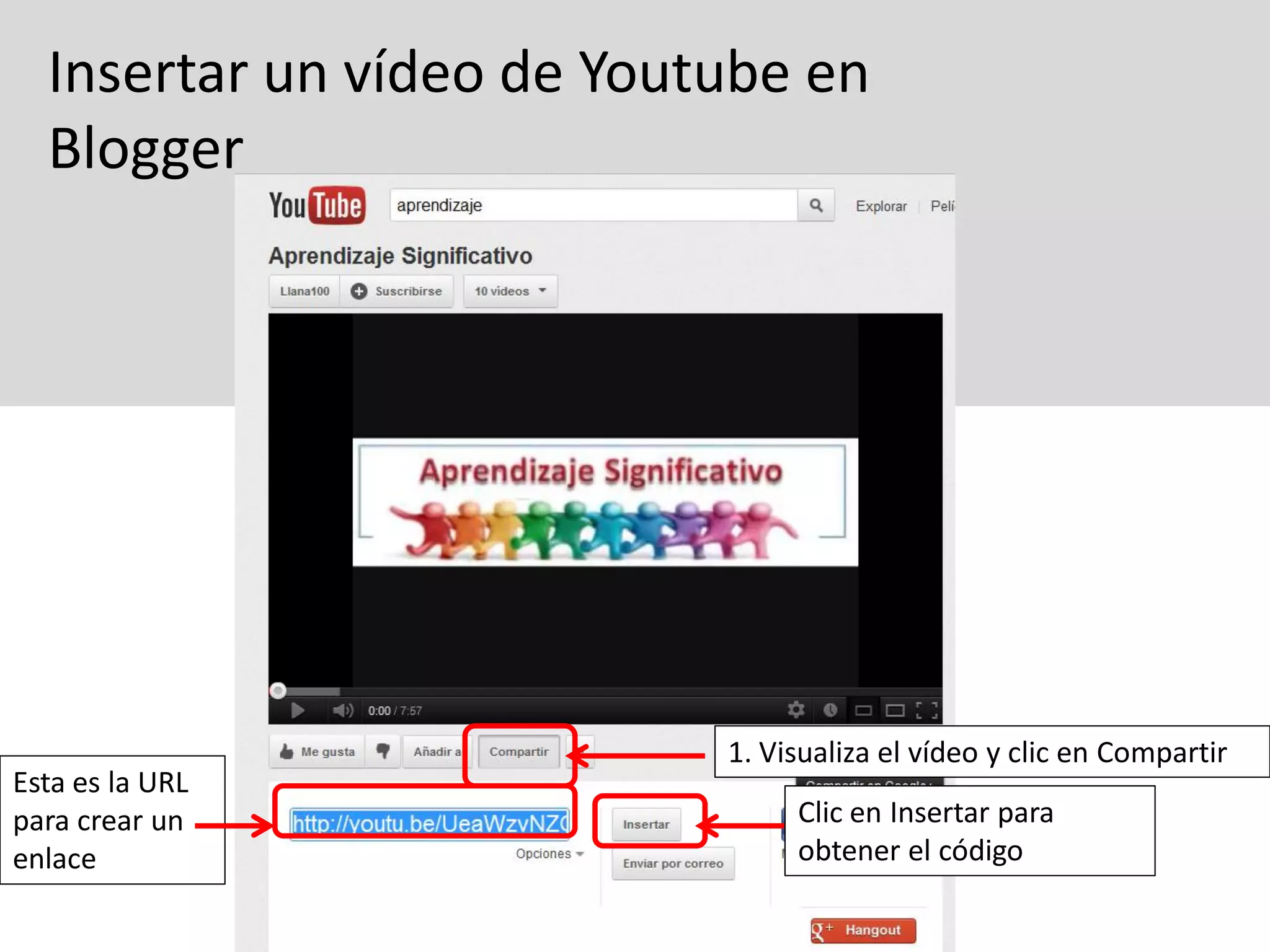 Insertar un vídeo de Youtube en
  Blogger




                           1. Visualiza el vídeo y clic en Compartir
Esta es la URL
para crear un                   Clic en Insertar para
enlace                          obtener el código
 